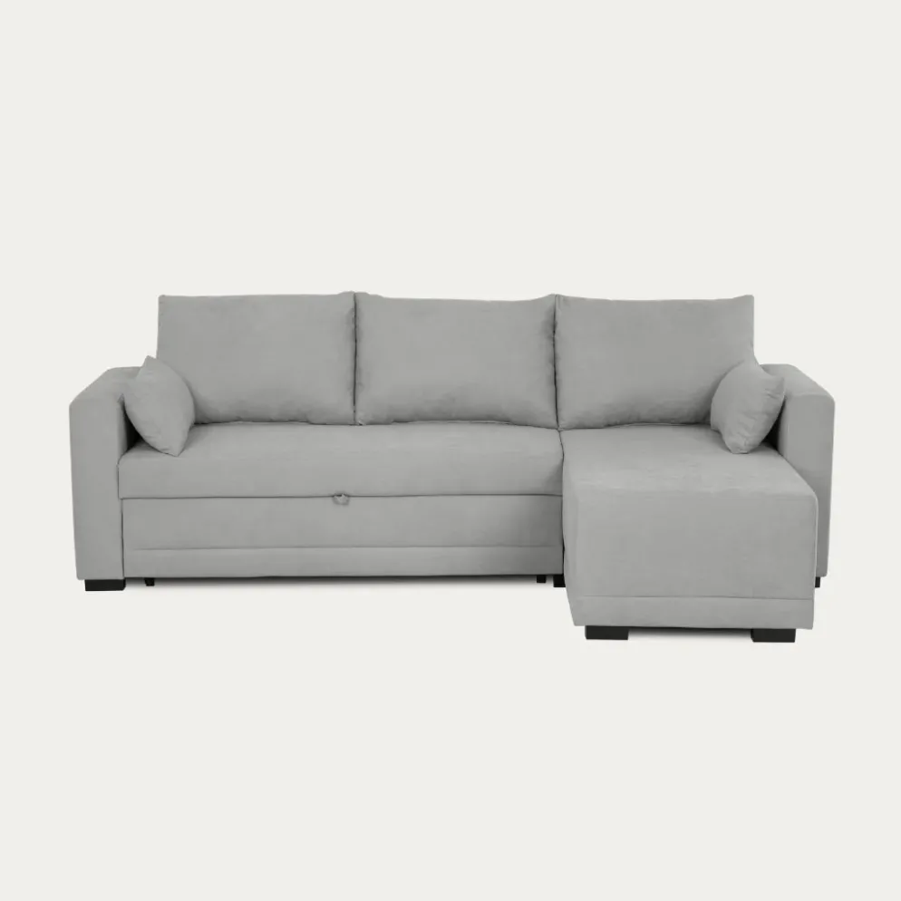 Sofá cama com chaise longue reversível e almofadas soltas