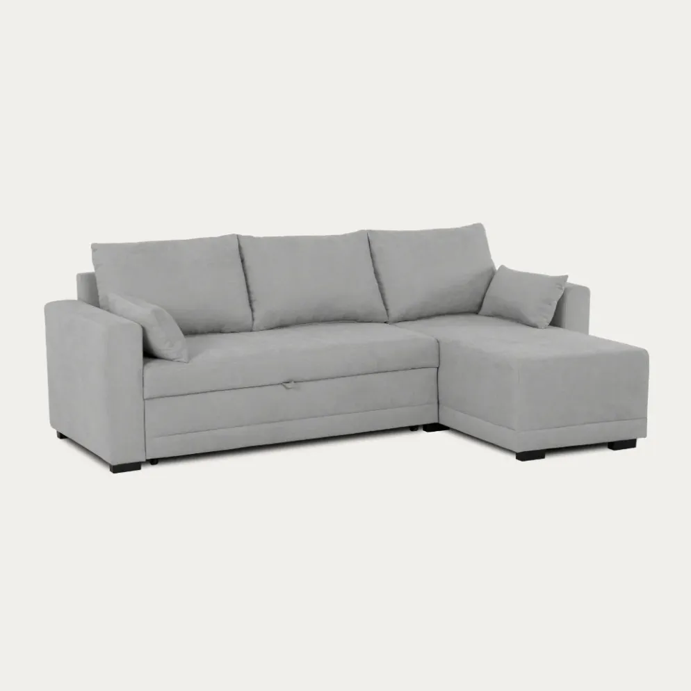 Sofá cama com chaise longue reversível e almofadas soltas