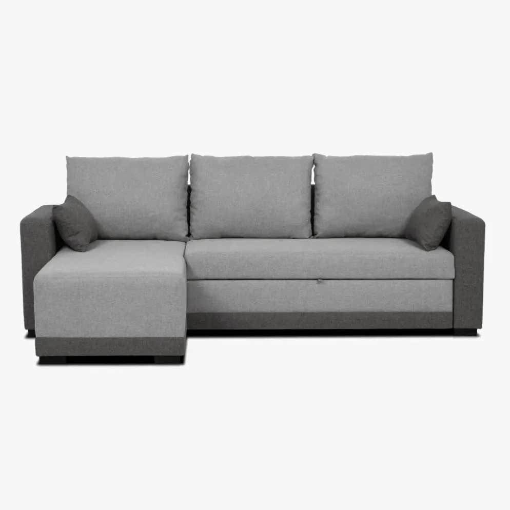 Sofá cama com chaise longue reversível e almofadas soltas