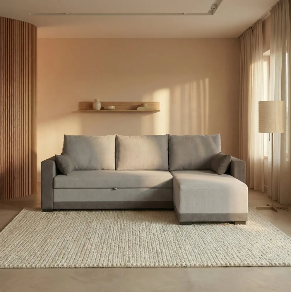 Sofá cama com chaise longue reversível e almofadas soltas