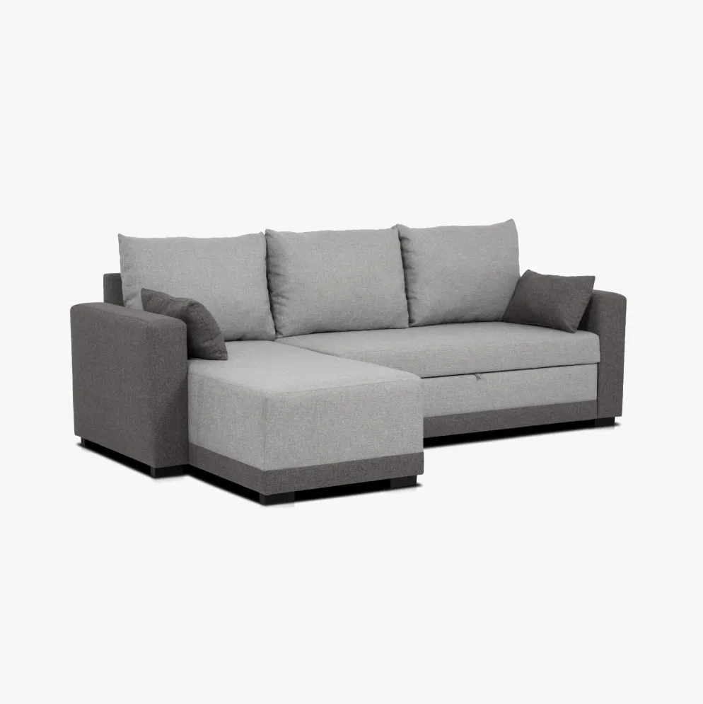 Sofá cama com chaise longue reversível e almofadas soltas