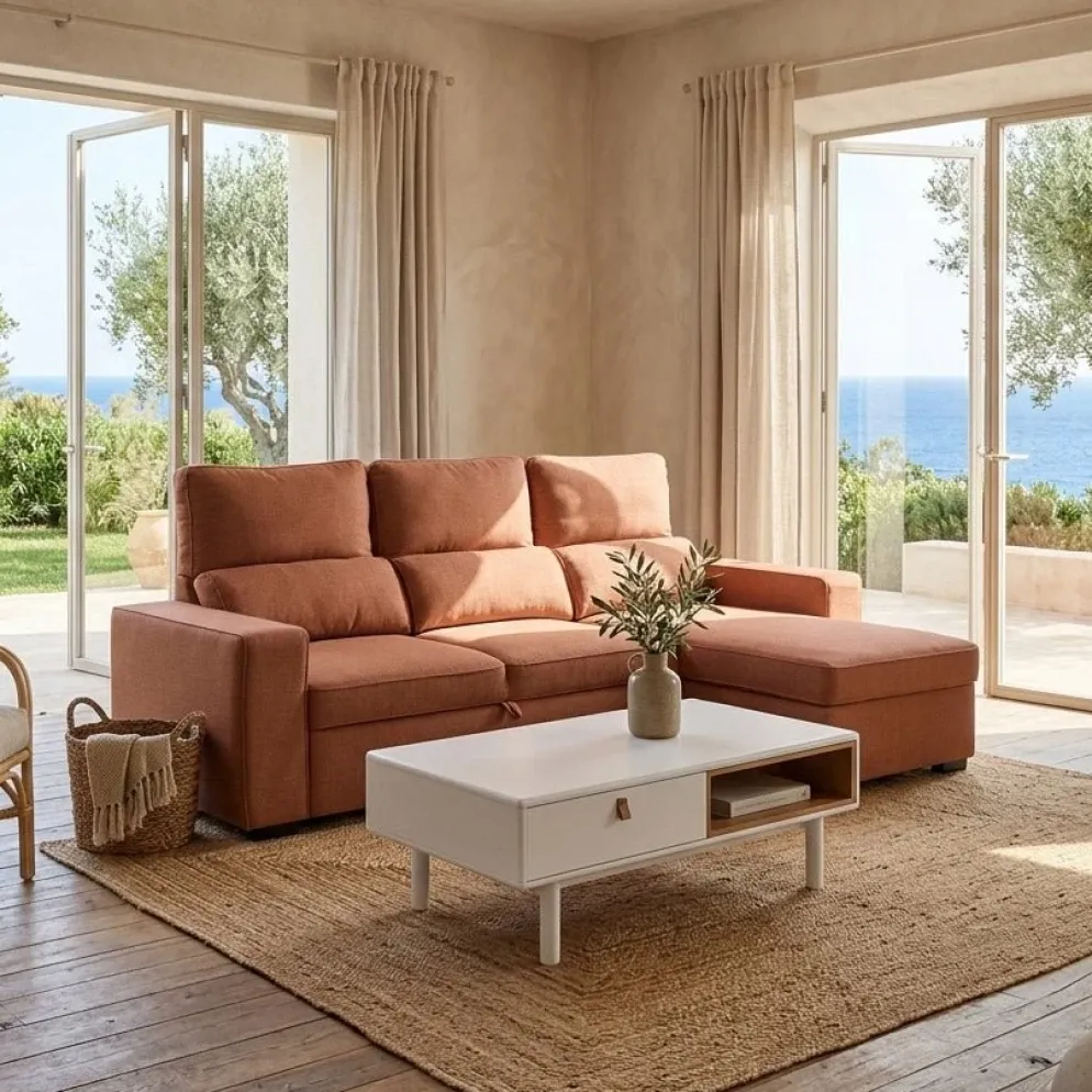Sofá Cama com Chaise Longue Reversível e Encosto Reclinável