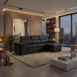 Sofá cama com chaise longue reversível, cabeceiras ajustáveis e dois pufes