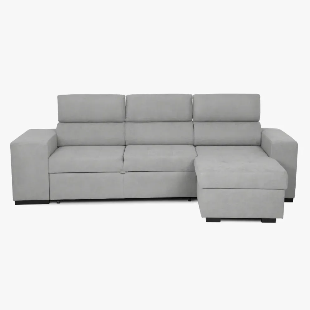 Sofá cama com chaise longue reversível, cabeceiras ajustáveis e dois pufes