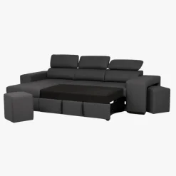 Sofá cama com chaise longue reversível, cabeceiras ajustáveis e dois pufes