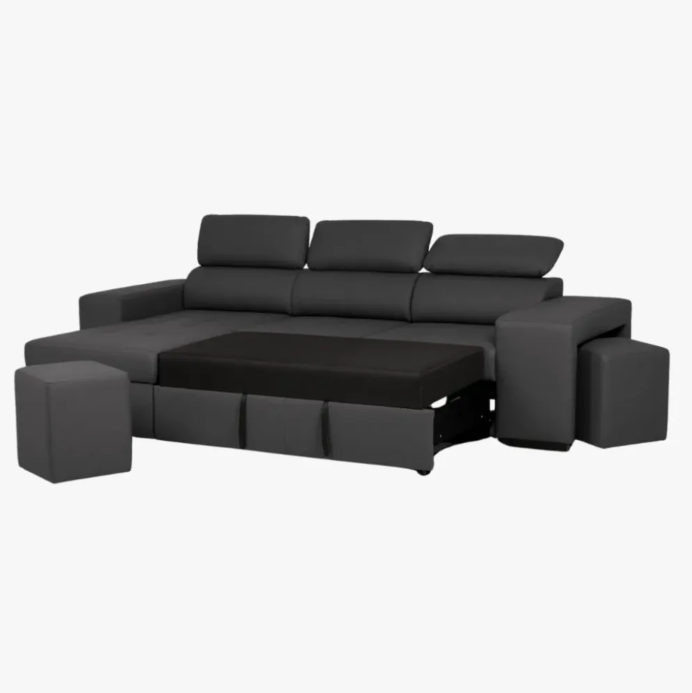 Sofá cama com chaise longue reversível, cabeceiras ajustáveis e dois pufes
