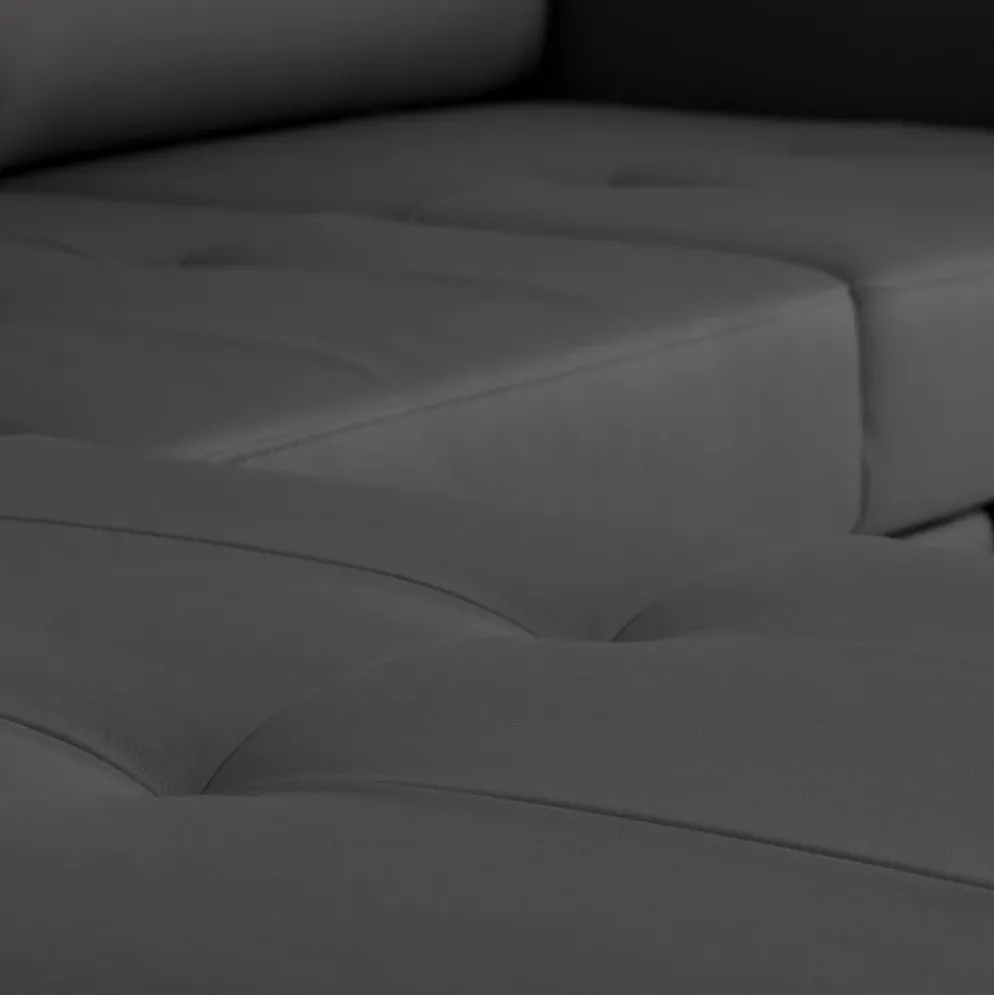 Sofá cama com chaise longue reversível, cabeceiras ajustáveis e dois pufes