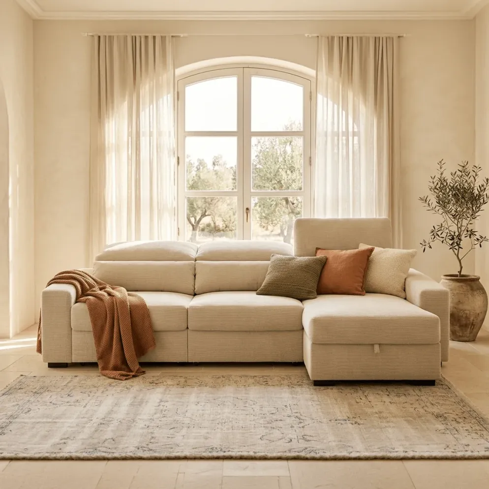 Sofá Cama com Chaise Longue Reversível, Assentos Deslizantes e Encosto Reclinável