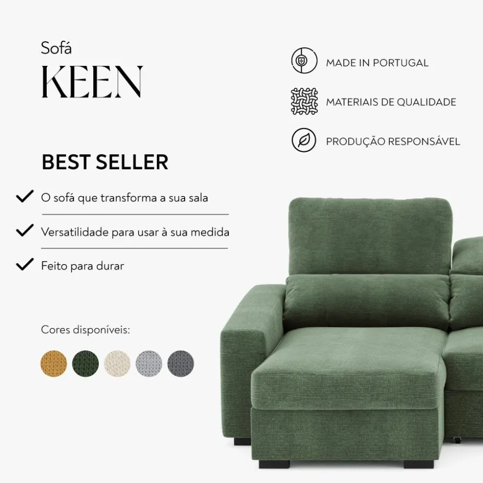 Sofá Cama com Chaise Longue Reversível, Assentos Deslizantes e Encosto Reclinável