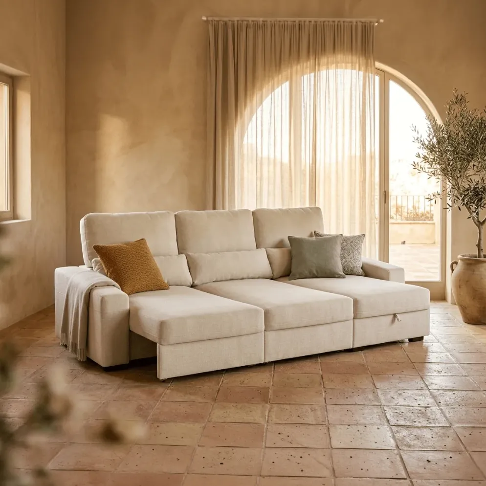 Sofá Cama com Chaise Longue Reversível, Assentos Deslizantes e Encosto Reclinável