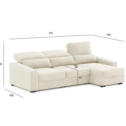 Sofá Cama com Chaise Longue Reversível, Assentos Deslizantes e Encosto Reclinável
