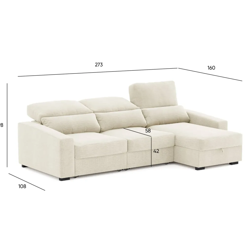 Sofá Cama com Chaise Longue Reversível, Assentos Deslizantes e Encosto Reclinável