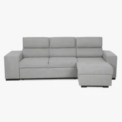 Sofá cama com chaise longue reversível, cabeceiras ajustáveis e dois pufes