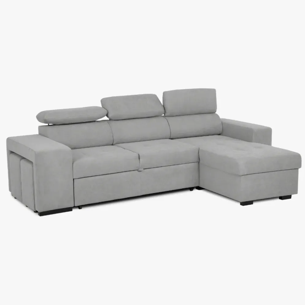 Sofá cama com chaise longue reversível, cabeceiras ajustáveis e dois pufes