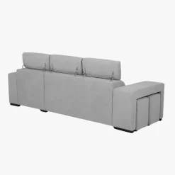 Sofá cama com chaise longue reversível, cabeceiras ajustáveis e dois pufes