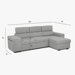 Sofá cama com chaise longue reversível, cabeceiras ajustáveis e dois pufes