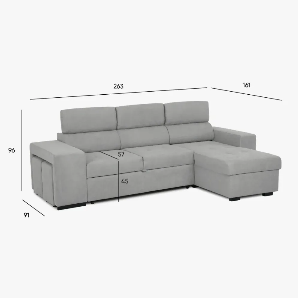 Sofá cama com chaise longue reversível, cabeceiras ajustáveis e dois pufes