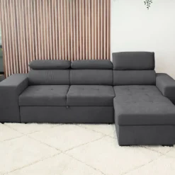Sofá cama com chaise longue reversível, cabeceiras ajustáveis e dois pufes