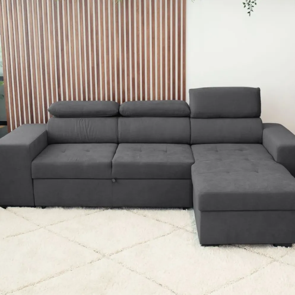 Sofá cama com chaise longue reversível, cabeceiras ajustáveis e dois pufes