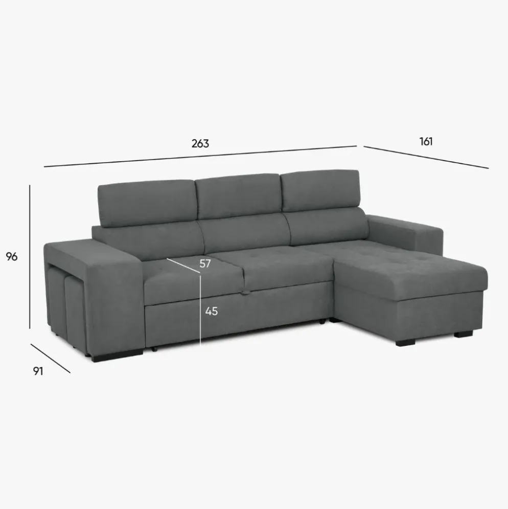 Sofá cama com chaise longue reversível, cabeceiras ajustáveis e dois pufes