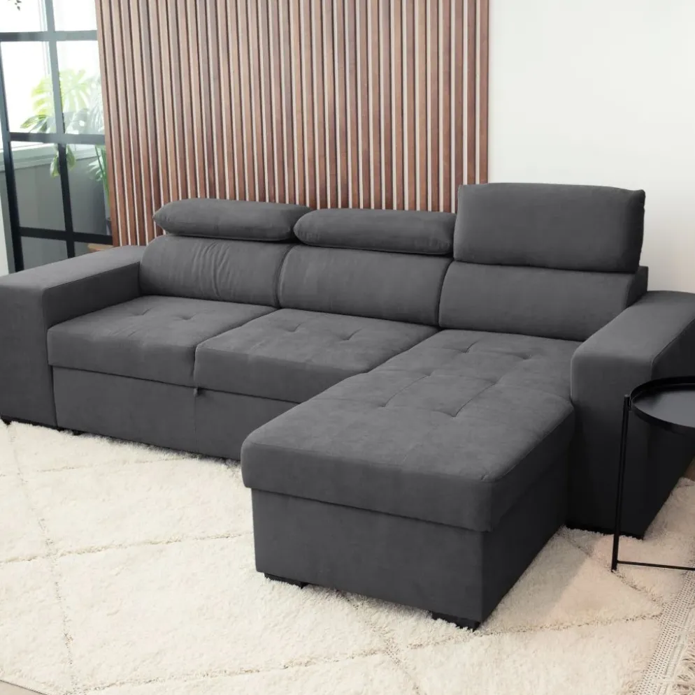 Sofá cama com chaise longue reversível, cabeceiras ajustáveis e dois pufes