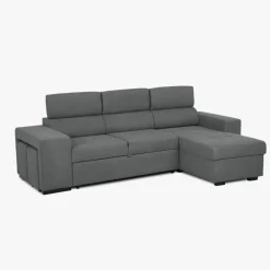 Sofá cama com chaise longue reversível, cabeceiras ajustáveis e dois pufes