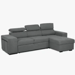 Sofá cama com chaise longue reversível, cabeceiras ajustáveis e dois pufes
