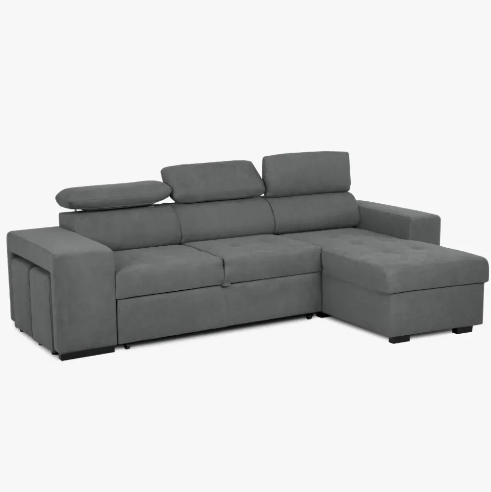 Sofá cama com chaise longue reversível, cabeceiras ajustáveis e dois pufes
