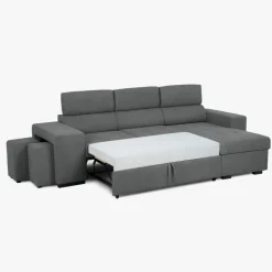 Sofá cama com chaise longue reversível, cabeceiras ajustáveis e dois pufes