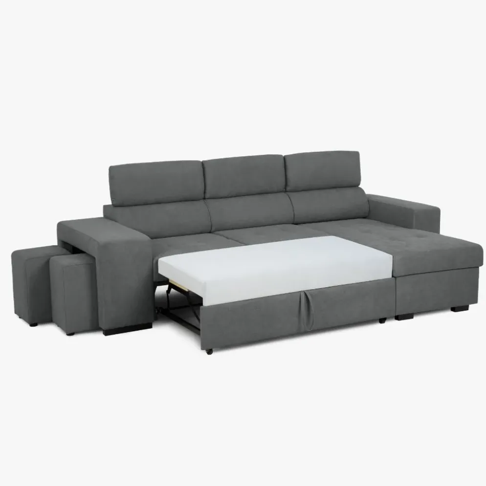 Sofá cama com chaise longue reversível, cabeceiras ajustáveis e dois pufes