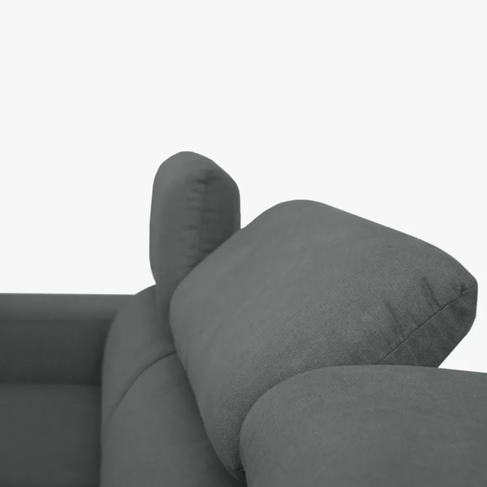 Sofá cama com chaise longue reversível, cabeceiras ajustáveis e dois pufes
